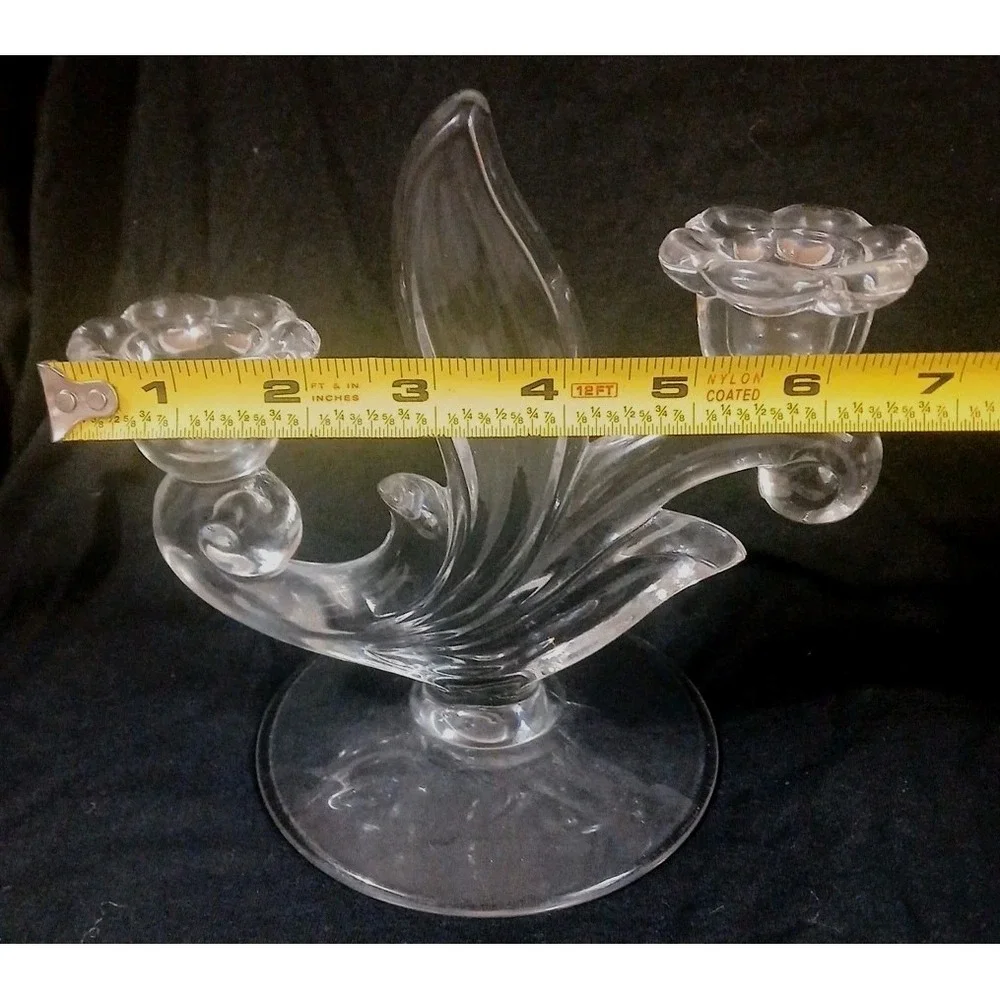 2 Glass Candleholders Double Candelabra Canterbury Style Floral Flame‎ Art Deco